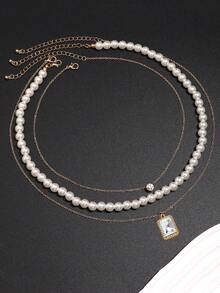 3pcs/Set Fashion Transparent Rhinestone Classic Faux Pearl Men's Necklace, Lightweight Luxury Versatile Design Layered Jewelry Suitable For Daily Wear - Multicolor - View 2