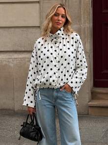 Women's Casual Polka Dot Long Sleeve Loose Jacket, Fashion Stand Collar Button Front Coat Spring White - White - View 1