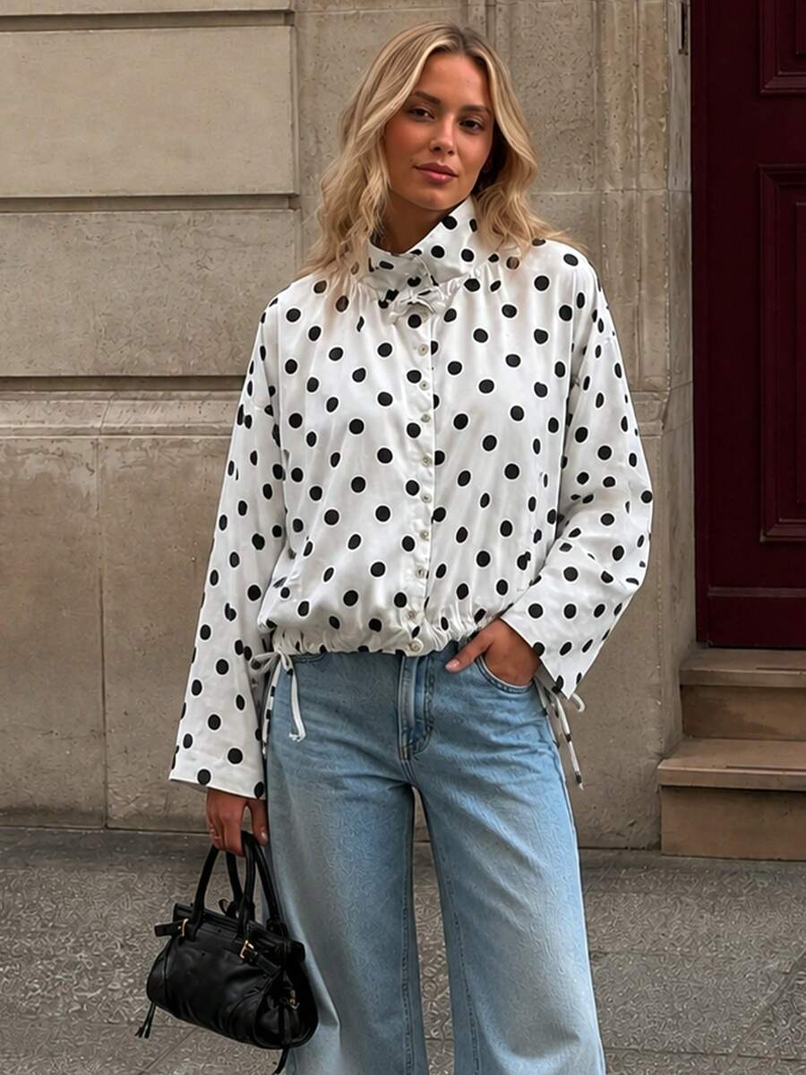 Women's Casual Polka Dot Long Sleeve Loose Jacket, Fashion Stand Collar Button Front Coat Spring White - White - View 1