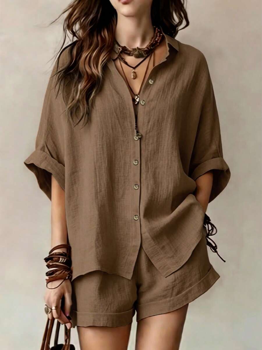 女款純色休閒優雅前開扣襯衫 2 件套,短袖輕量寬鬆度假穿搭,棕色夏季 - 棕色 - 查看 1