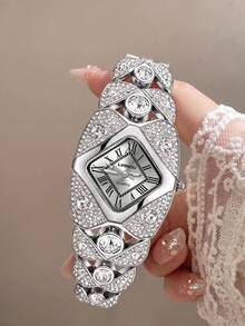 SOKI Women's Luxury Full Rhinestone Square Watch, Silver Roman Numeral Dial, Multi-Layer Crystal Rhinestone Chain Strap, Sparkling Elegant Quartz Wristwatch, Party Wedding Date Accessory, Perfect Gift Choice - Silver - View 7