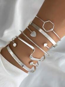 7pcs European & American Cross-Border Fashion Rhinestone Heart Women's Elegant Personalized Geometric Asymmetrical Open Bangle Bracelet Set - Silver - View 2