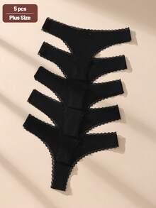 5pcs Black Plus Size Lace Patchwork Bow Sexy Ribbed Cotton Women's Thongs - Black - View 1
