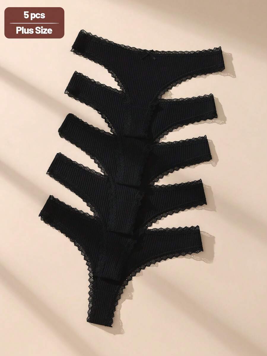 5pcs Black Plus Size Lace Patchwork Bow Sexy Ribbed Cotton Women's Thongs - Black - View 1