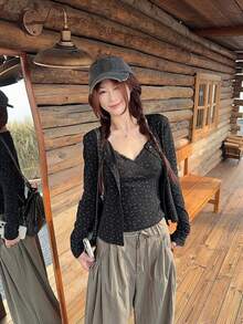 Korean Style Ditsy Floral Lace Trim Camisole Tank Top & Long Sleeve Cardigan Jacket 2pcs Set For Women, Spring/Autumn - Black - View 1
