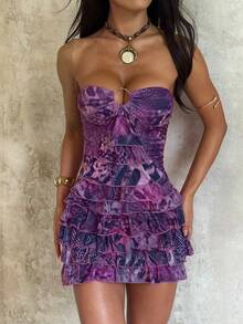 Summer Women's Printed Strapless Cake Hem Elegant Dress, Suitable For Dating, Party, Vacation, Beach - Purple - View 5