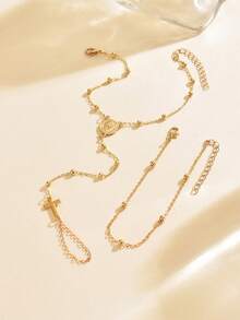 2pcs/Set Fashionable Design Cross Embossed Virgin Mary Ankle Chain Popular Spacer Bead Chain Handmade Connected Toe Chain Suitable For Women's Daily, Party, Beach Vacation, Photo Wear, Bead Count Random And Not Fixed - Gold - View 3
