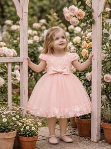 Baby Girls Princess Applique Bow Elegant Fluffy Princess Dress Suitable For Vacation, Headband Not Included - Pink - View 5