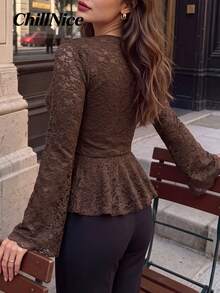 Women Fall Elegant Lace Peplum Top, V‑Neck Ruched Front Flare Long Sleeve Asymmetric Hem Blouse For Holiday Festival - Brown - View 2