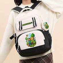 Miniso Koreanischer 2 Stücke Minecraft Schwarz-Weiß Farbblock großer Alltagsrucksack mit Steve Alex Bienenmuster und rundem Münzbeutel, perfekt für Anime-Liebhaber und Schule - Farbe 1 - Übersicht 2