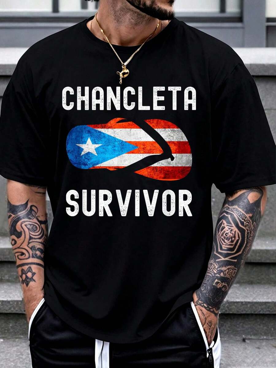 100% Cotton Chancla Survivor Puerto Rican Puerto Rico Funny Spanish Joke T-Shirt Women's Men Graphic Tee - 黑色6 - 查看 1