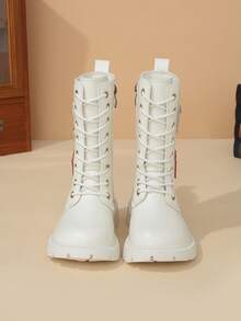 1 Pair Girls' Casual Fashion Heart Decor Comfortable Warm Round Toe Side Zipper Design Mid-Calf Boots Suitable For Autumn/Winter - White - View 3