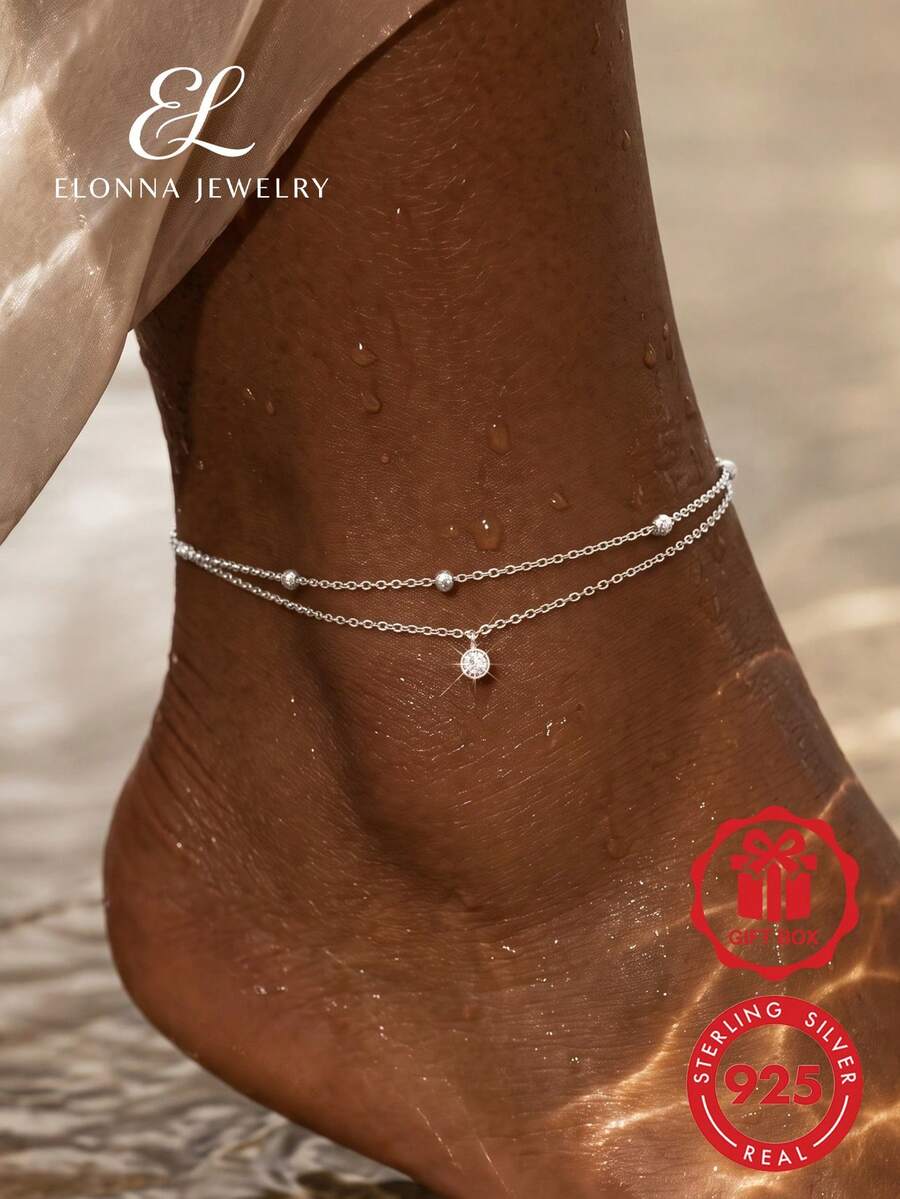 Cavigliera in argento sterling 925 con ciondolo rotondo a doppio strato in zirconia cubica, adatta per l'uso quotidiano delle donne o per le vacanze estive - Argento - Visualizzare 1