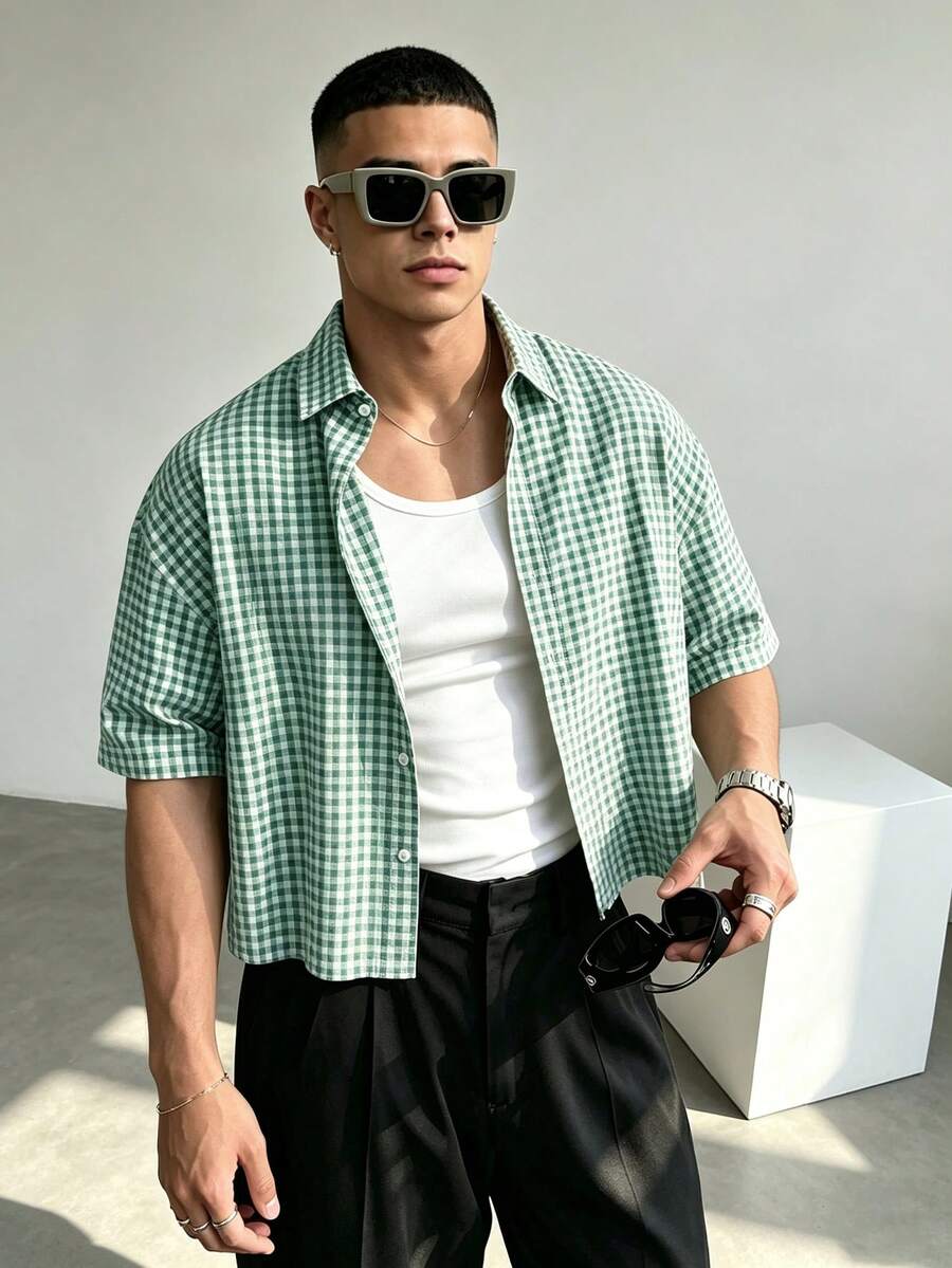 WAIT HIM 男士休閒短袖寬鬆格紋襯衫，適合通勤穿著