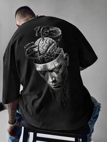 Men's Summer Fashion Versatile Mask Brain Print Crew Neck Short Sleeve T-Shirt - Black - View 1