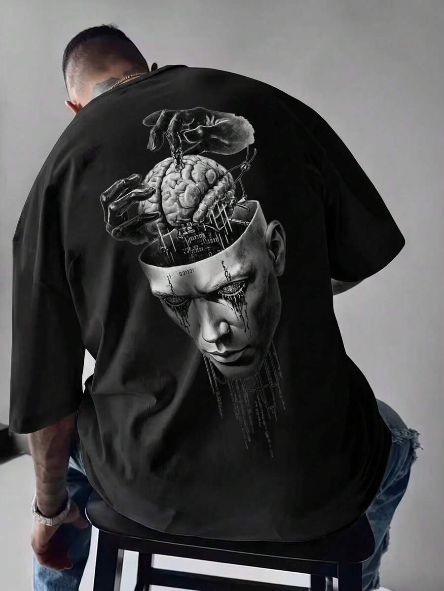 Men's Summer Fashion Versatile Mask Brain Print Crew Neck Short Sleeve T-Shirt - Black - View 1