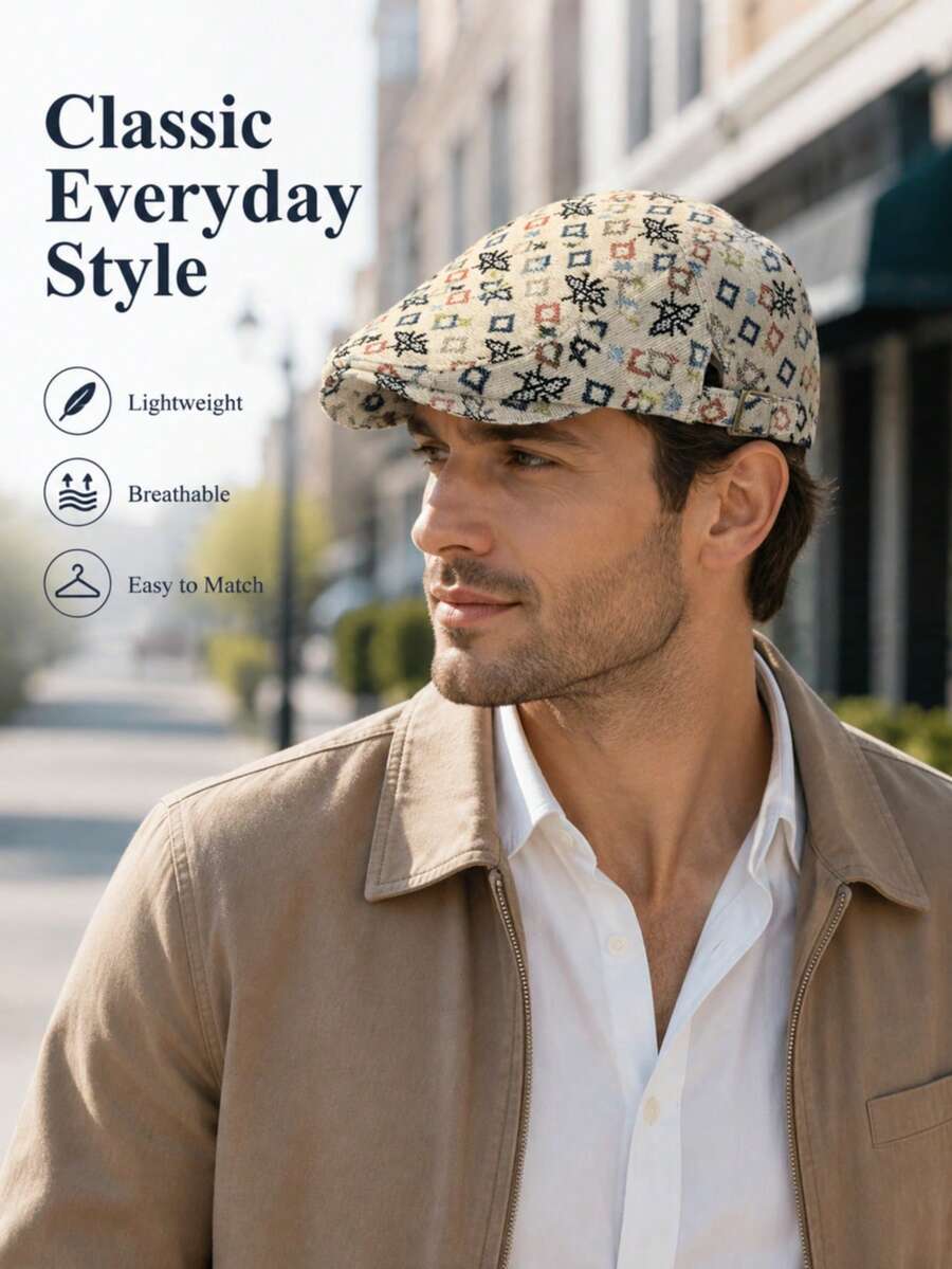 1pc Unisex Spring/Autumn Vintage Newsboy Cap, Colorful Geometric Butterfly Print Flat Top Hat, Adjustable Metal Buckle, Soft Lining Breathable Beret, Daily Outdoor Travel Accessory - Butterfly Print - View 1