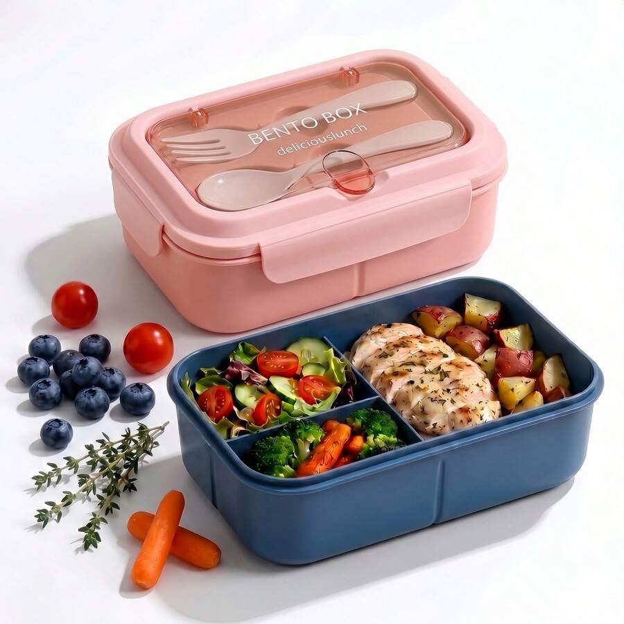 1pc Bento Box Set, Divided Food Storage Container, Lunch Box With Spoon And Fork, Microwave Food Storage Box, Leak-Proof Snack Box - View 1
