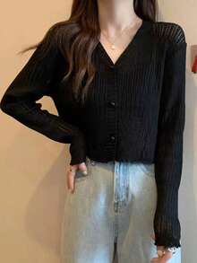 1 Black And White Apricot Green Thin Ruffle V-Neck Knit Cardigan Long Sleeve Sun Protection Shawl - Multicolor - View 5