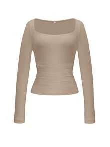 GLAMSKIN 女款條紋性感修身長袖針織上衣，純色方領基礎 T-shirt，適合秋季出遊、休閒街頭穿搭、返校季 - 土棕色 - 查看 3