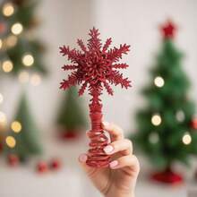 1Pc Glitter Snowflake Star Tree Topper, Spring Coil Base, Shiny Metal Red Gold Silver, Detachable Stand, Durable Non-Fading, Lightweight Easy Hang, Festive Xmas Ornament, Winter Holiday Home Decor, Mantel Desk Front Door Indoor Scene - Christmas - View 4