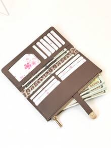 Women's Long Colorblock Patchwork Wallet, Fashion Leopard & Tree Pattern Multifunctional ID Card Holder, Exquisite Fashion Snap Closure Large Capacity Zipper Card Holder Coin Purse For Young Students, Lightweight Portable Suitable For Holiday Gift - Maroon - View 5