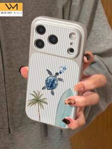 1pc Fashionable Personalized Coconut Tree Turtle Surfboard Pattern Full Coverage Button Classic Anti-Drop Metal Paint High-End Texture Soft Sheepskin Texture PU Leather Phone Case, Suitable As Birthday Gift, Holiday Gift For Friends, Family, Couples, Yourself, Compatible With IPhone 17/16/15/14/13/12/11 Series - Multicolor - View 3