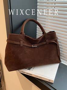 Women Retro Suede Tote Bag, Belt Buckle Decor Large Capacity Shoulder Handbag, Minimalist Commuter Top Handle Bag - Coffee - View 2