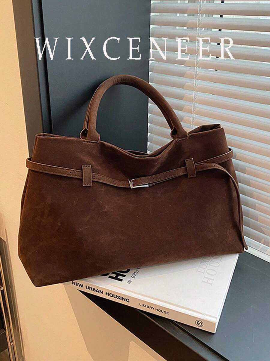 Women Retro Suede Tote Bag, Belt Buckle Decor Large Capacity Shoulder Handbag, Minimalist Commuter Top Handle Bag