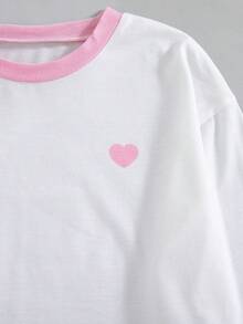 Girls' Casual Fashion Contrast Color Round Neck Heart Print Long Sleeve Top And 3D Bow Decor Distressed Raw Hem Straight Leg Pants 2 Pieces Set, Spring/Autumn - White - View 4