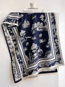 1pc Retro Scenic Wildlife Building Print 65*185cm Rectangle Scarf, Thick Faux Cashmere Brushed Polyester, Winter Shawl For Travel Party Daily Outing - Multicolor - View 15