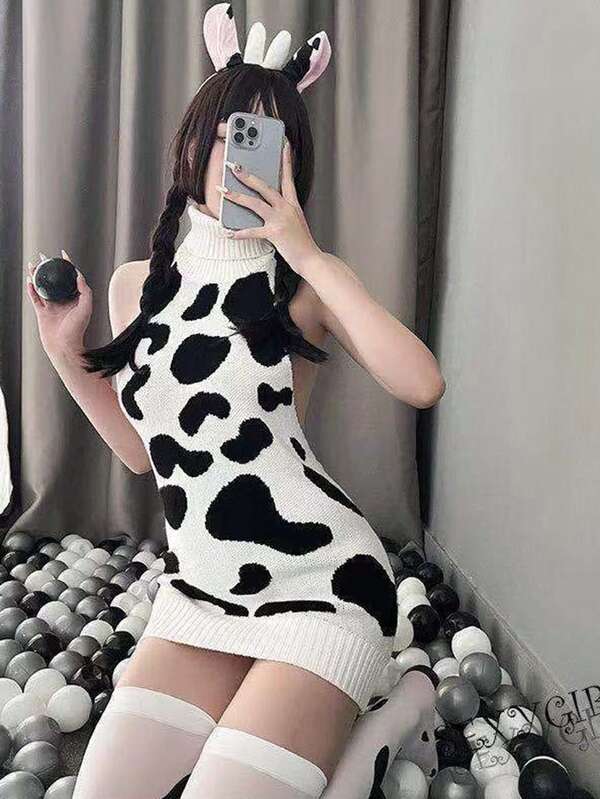 1pc (Single Sweater) Valentine's Day Cow Print Short-Mid Length High Neck Backless Sweater Dress, Photo Gift, Suitable For Weight 80-120 Lbs, Socks And Headband Not Included, Party Cosplay, Club Outfit, Costume Party, Bar Party