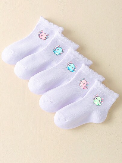 1/5 Pairs Girls' Fresh White Ruffle Trim Mid-Calf Cotton Socks, Cute Watercolor Colorful Hexagon Dinosaur Print Baby Short Socks, Soft Adorable Salamander Cartoon Socks, Breathable Skin-Friendly Non-Sweaty Toddler Daily Versatile Casual Socks, Elastic Comfortable Cuff Children's Walking Socks