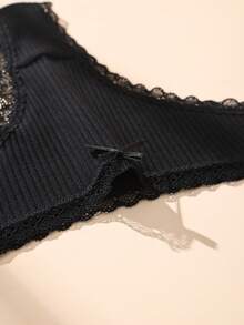 12 piezas de tangas negras con lazo, encaje y patchwork, sexys, de algodón acanalado, suaves y cómodas para mujer - Negro - Ver 5