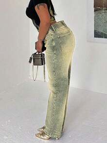 Celana Panjang Denim Lurus Wanita Ukuran Besar, Detail Kumis Kucing, Kasual, Tidak Melar - Navy Blue - View 2