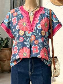 Plus Size Women's V-Neck Printed Short Sleeve Blouse, Roll-Up Sleeves, Casual Woven Top, Perfect For Spring And Summer Wear - Multicolor - View 2