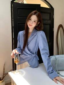 Autumn Vintage Blue Design Asymmetrical High-End Fashion Striped Long Sleeve Blouse Top - Blue - View 4