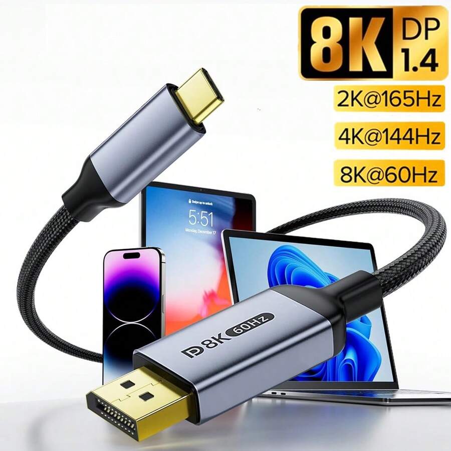 FYRVW USB-C To DisplayPort Cable, Supports 165Hz Refresh Rate And 8K Resolution, Thunderbolt4 Interface, Compatible With MacBook Pro M1; USB-C To DP Cable, Supports DP1.4 And 240Hz Refresh Rate - Grey - View 1