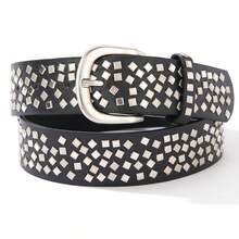 Men's Punk Style Black Belt With Silver Square Studs, Retro Rock Streetwear Belt For Jeans And Casual Outfits - Square Stud Belt - View 7