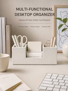Cream-Style Vertical Striped Desktop Storage Box, Office Divided Pen Holder, Small Item Memo Remote Control Organizer - View 6