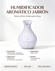 Humidificador Difusor de Aromas Diseño de Jarrón con Textura de Madera, Funcionamiento Ultra Silencioso con Luz Ambiental LED, Alivia Aire Seco, Decoración Elegante para Dormitorio, Sala y Oficina, Ideal para Regalo del Hogar - 1 - Ver 3