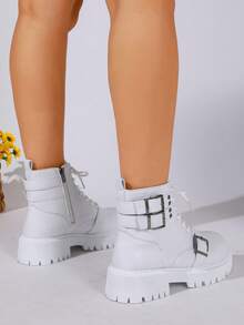 Women's White Buckle Decor Ankle Boots, Lace-Up Thick Sole Work Boots - White - View 6