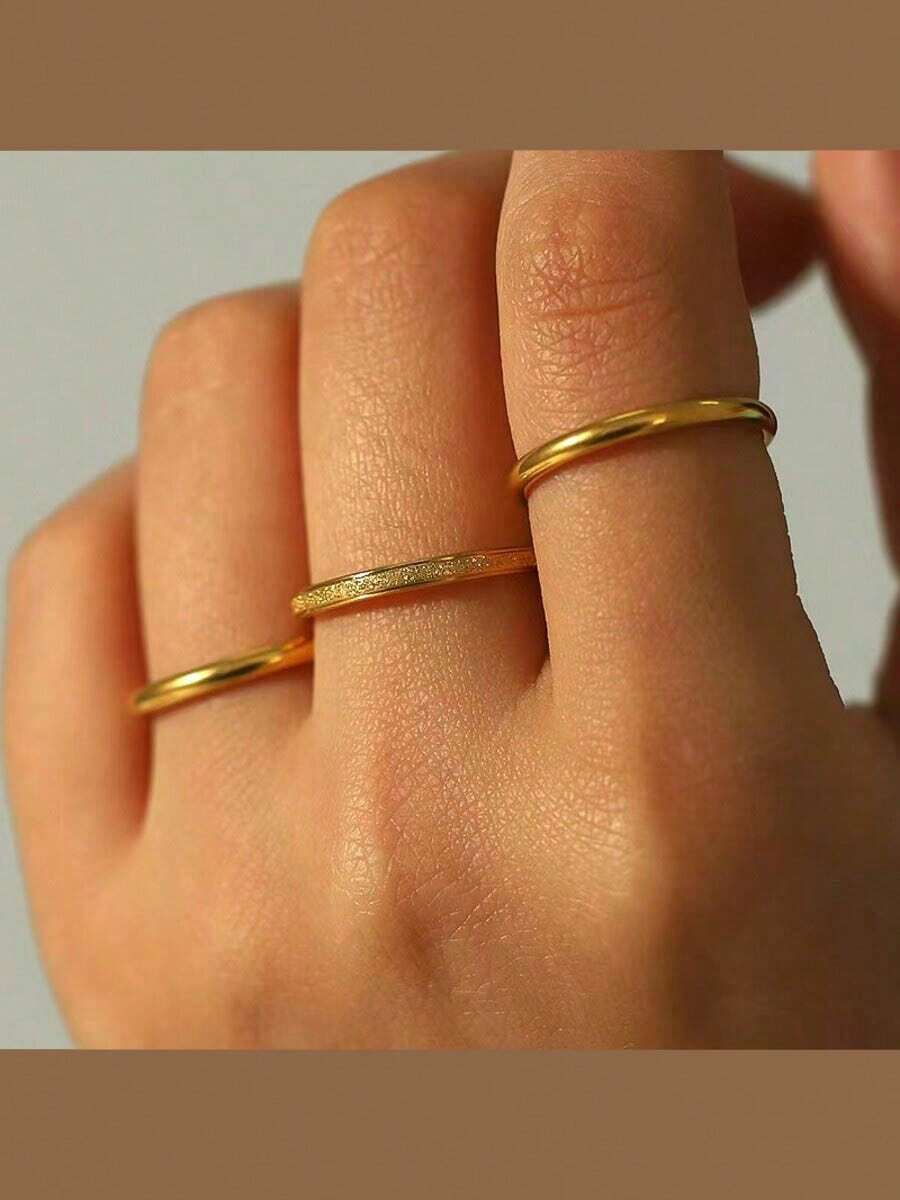 Set de 3 anillos de acero inoxidable chapados en oro de 18K, adecuado para uso diario de mujeres o como regalo - Amarillo Oro - Ver 1