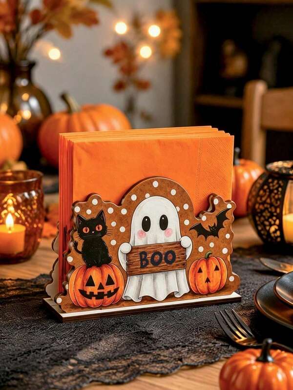 1pc Halloween Napkin Holder, Cute Ghost & Black Cat Pattern Halloween Paper Towel Rack, Desktop Ornament, Halloween Party Supplies, Table Centerpiece Decor, Halloween Decoration, Kitchen Essential, Trick Or Treat Party Favor, Halloween Gift