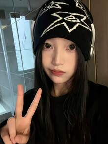 1 mũ len beanie nữ màu đen họa tiết sao, chất dệt kim co giãn cao cấp - A - Xem 1