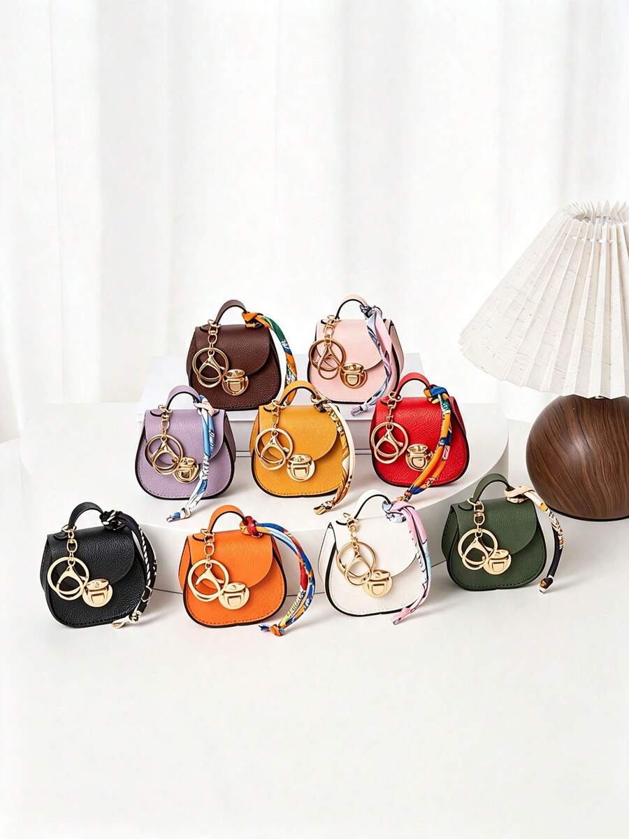 Lychee Texture Mini Saddle Coin Purse With Flap, Metal Clasp And Black Trim, Detachable Colorful Scarf Shoulder Strap