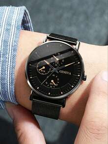 1pc Men's Watch, Black Mesh Strap Casual Round Dial Quartz Watch, Suitable For Daily Wear, Best Gift For Men - Black - View 2