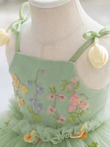 女嬰 3D 花朵刺繡公主洋裝，細肩帶洋裝，適合兒童生日、花童、婚禮、萬聖節及其他節日慶祝 - 薄荷綠 - 查看 5