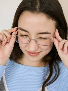 Okurime 1pc Blue Square Optical Glasses Frame For Women, Narrow Face, Lightweight Copper Alloy Rectangular Glasses - Silver - View 2