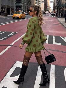 Vintage Matcha Green Large Polka Dot Knit Long Loose Fit Women's Sweater With Puff Lantern Sleeves And Ruffle Hem Vacation Fall - Green - View 3